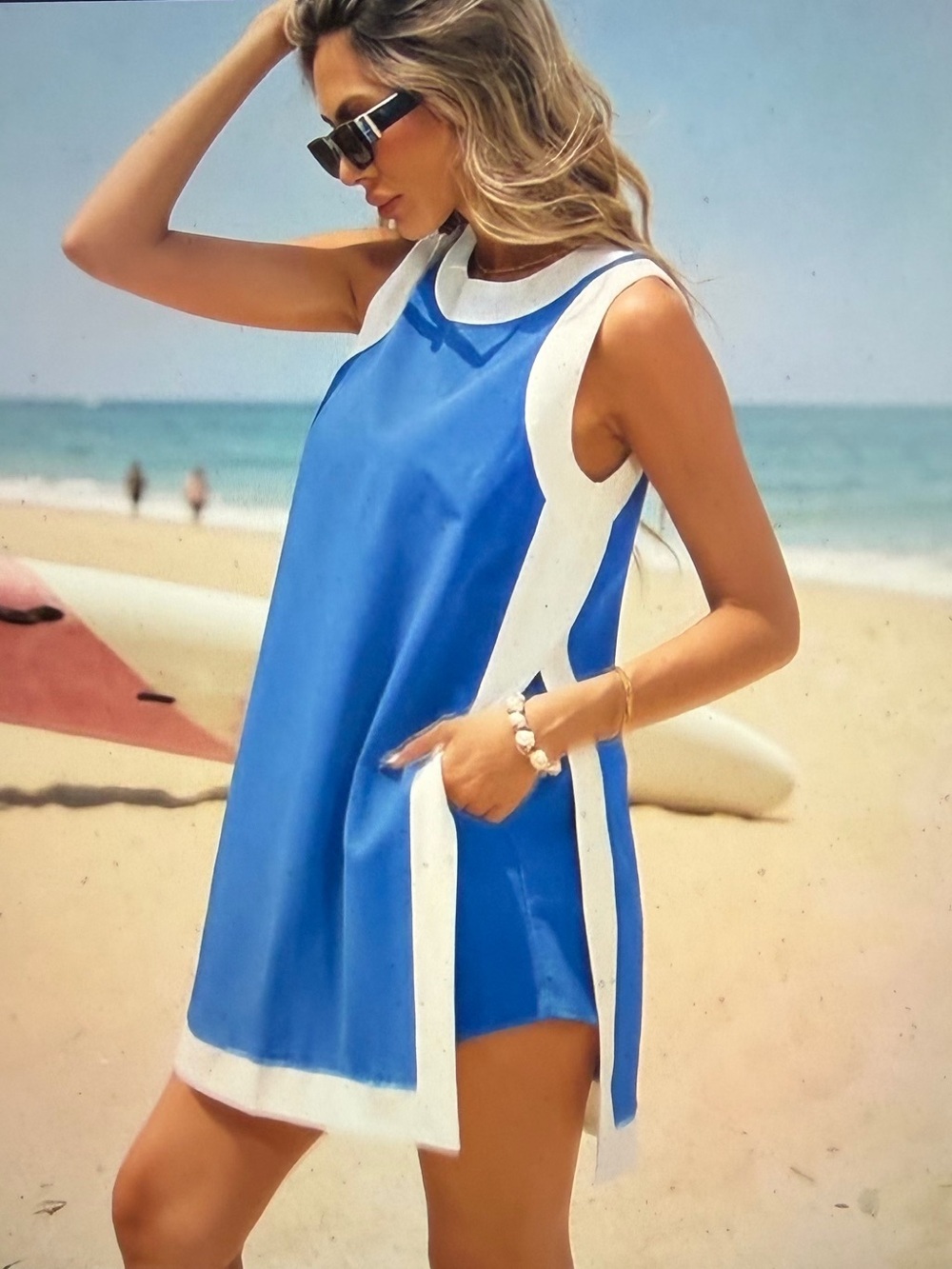 Blue and White Sleeveless 2 Piece Color Block Dress & Short Set - NWT Size XL